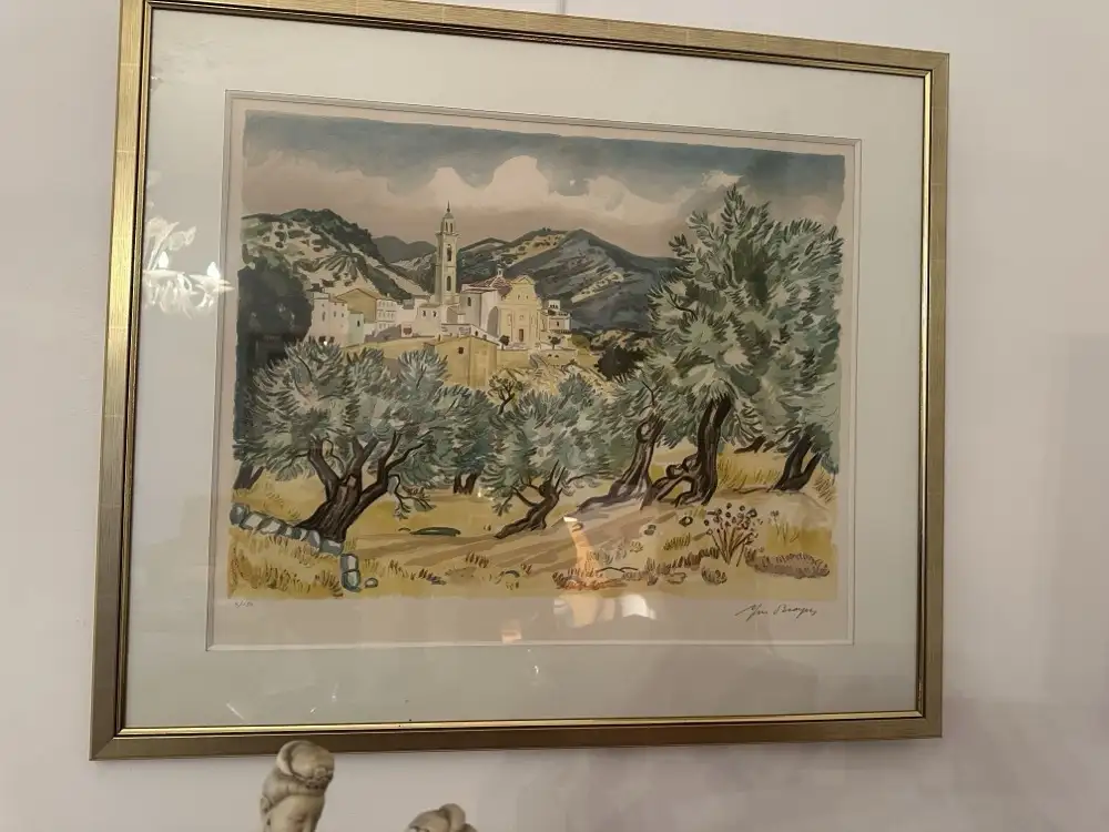Lithographie village proven�al oliviers